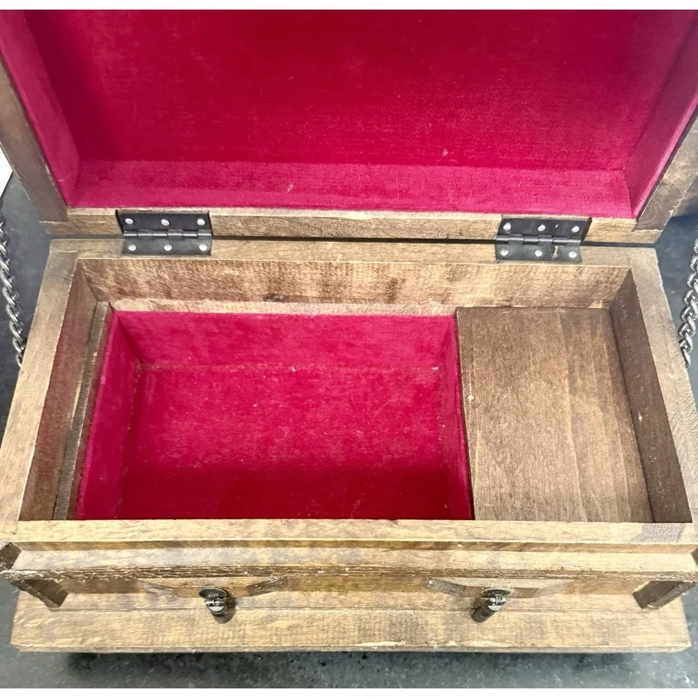 Vintage Japan Wooden Musical Jewelry Box Chest Red Velvet Working See Video - Picture 9 of 17